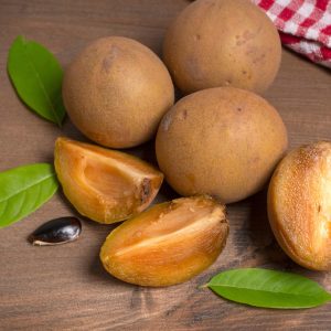 Sapodilla fruit (Manilkara zapota) and other names such as sapota, chikoo, chico, naseberry, or nispero. Sapodilla is tropical fruit evergreen tree and sweet taste fruit